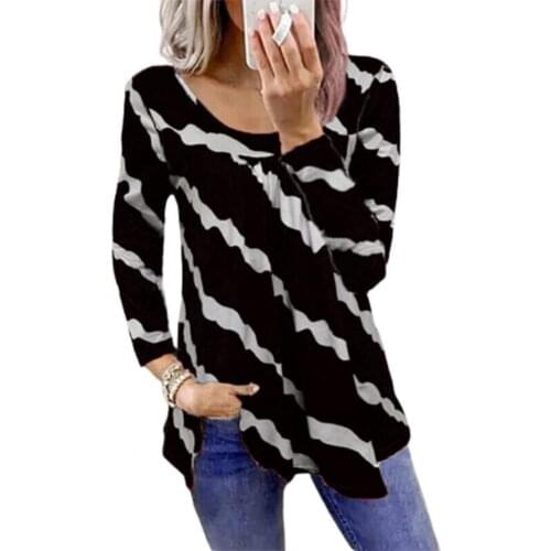 Stylish Fashion Pullover Women Blouse Breathable Stripe Irregular Hem Striped Print Long Sleeve T-Shirt for Casual Daily Wear