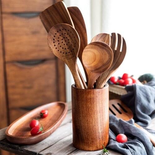 Teak Natural Wood Tableware Spoon Ladle Turner Rice Colander Soup Skimmer Cooking Spoon Scoop Kitchen Reusable Tool Kit