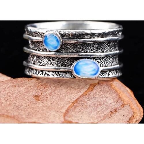 Vintage Blue Opal Stone Couple Rings Charming Carved Wide Rings Gothic Punk Jewelry Rings For Women Men Party Gifts