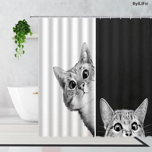 Funny Animal Bathroom Curtains Cute Black White Cat And Dog Photos Waterproof Polyester Fabric Shower Curtain For Children Decor