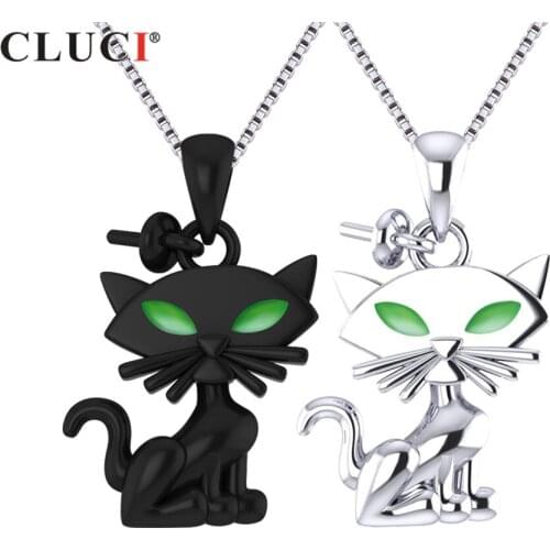 CLUCI Halloween 925 Sterling Silver Black Cat and White Cat Pearl Pendant & Necklace For Women Pearl Pendant Jewerly SP347SB
