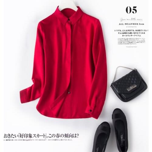 Women 100% Nature Silk Twill Shirts 2019 Spring New Long Sleeves T-shirt Elegant OL Silk Shirts Luxury Shirts 4Colors Casual Tee