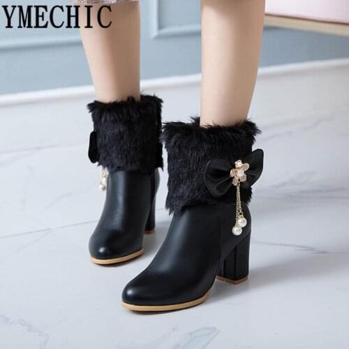 YMECHIC Womens Fashion Ankle Boots for Women Bowtie Chains Bead Ladies High Heels Shoes Party Wedding Booties Plus Size Bootie