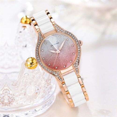 Women Unique Watch Exquisite Luxury Fashion Casual Lady Ceramic Watch Gift Accessories Pink Gradual Change Starry Sky Rhinestone