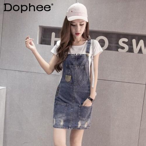 Korean Fashion Strap Denim Skirt Women 2021 Summer New Student Ripped Pocket Stitching Hip Mini Jean Skirt Female Jumpsuit Dress