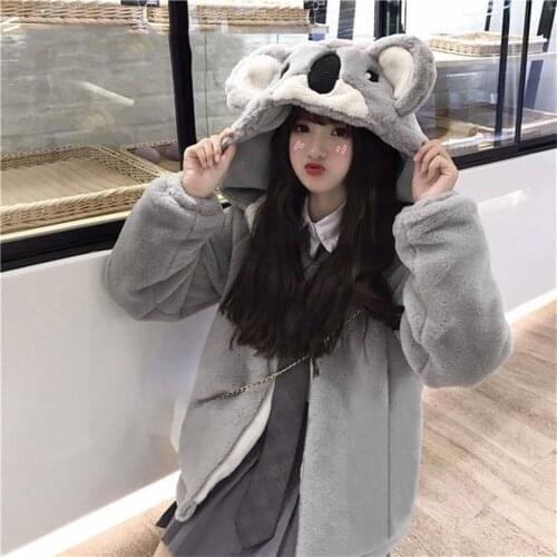 New Bear Ear Plush Coat Women Hooded Overcoat 2021 Autumn Winter New Zipper Solid Color Loose Jacket Casual Coat For Women 2021