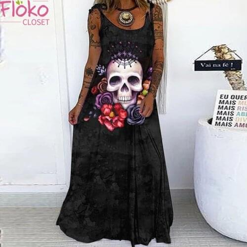 Flokocloset Summer Punk Skull Print Loose Lace Up Maxi Dress Casual Sleeveless Long Dress Streetwear Vestido De Mujer