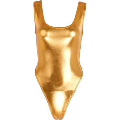Women Solid Color Patent Leather Sleeveless Ballet Dancewear Gymnastics Leotard High Cut Sexy Bodysuit Swimsuit Dance Costume