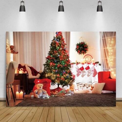 Laeacco Cozy Decor Living Room Merry Christmas Tree Fireplace Baby Toys Carpet Child Photozone Photo Background Photo Backdrops