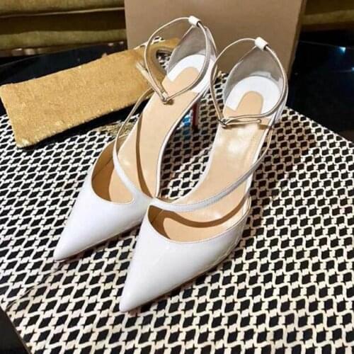 Fashion White Black Red Patent Leather Cross Strap Pumps Ankle Wrap Stiletto Heels Pointed Toe Dress Shoes Celebrity Sandals