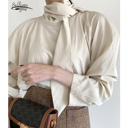 New Fashion Elegant Women Shirt with Bowtie Long Sleeve Solid Women Blouse Puff Sleeve Stand Collar Female Clothing Blusas 12790