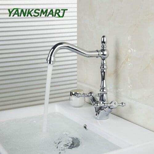 YANKSMART Bathroom New Brand Chrome Dual flat Handle Tap Deck Mount Wash Basin Sink Vessel Kitchen Mixer Faucet