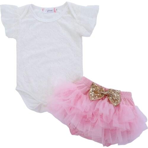 Two Piece Baby Girl’s Clothes Fresh Solid Color Lace Short Sleeve Romper and Bow Triangle Shorts