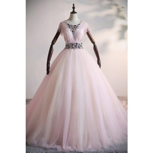 Luxury pink rhinestone beading collar shoulder veil ball gown opera medieval Renaissance Victoria dress ball gown