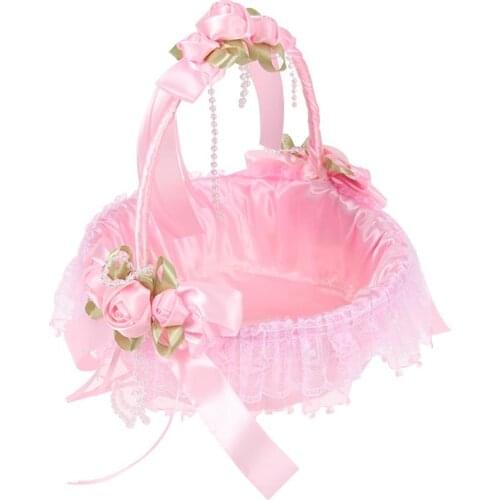 Wedding Cute Flower Children Carries Beautiful Flower Basket For Wedding Party Decoration Storage Basket (Pink)