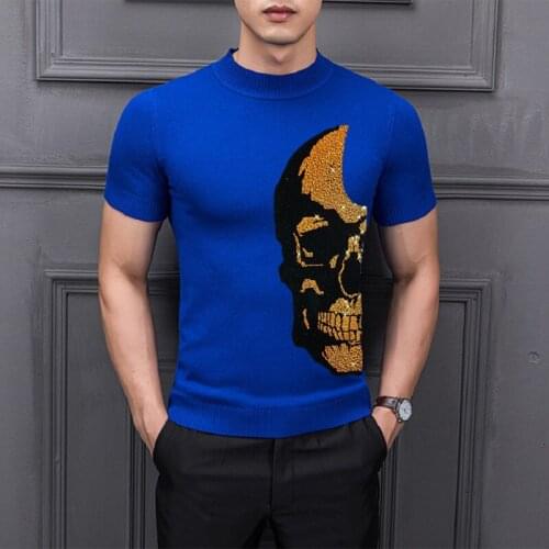 Heavy Craft Classic Design Skull Head Mens Self-Cultivation Youth Popular T-Shirt Street Sweater Hot Drilling Knit Short Sleeve