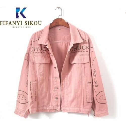 Pink Cartoon Print Denim Jacket Women 2020 Spring Fashion Long sleeve Jeans Jacket Basic Coat Female Loose Casual Jeans Coat