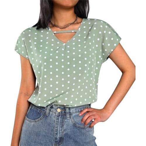 Women Summer Fashion Casual V-Neck Polka Dot T-Shirt Stylish Short Sleeve Loose Pullover Tops Lady OL Style Shopping Daily Wear