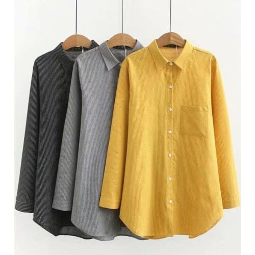 2020 Plus Size 4XL Spring Autumn Women Shirt New Striped Pocket Long Sleeve Shirt Women Medium Long Shirt Casual Tops HK365