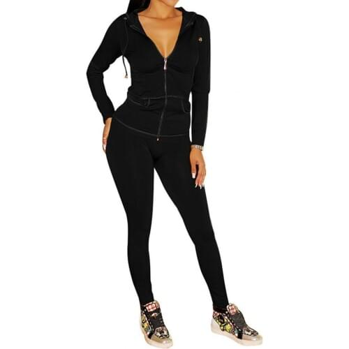 Women Sets Polyester Long Sleeve Hooded Pocket Jacket Skinny Pants Workout Outfit Tracksuit Blue 2XL Womens Clothing ropa mujer