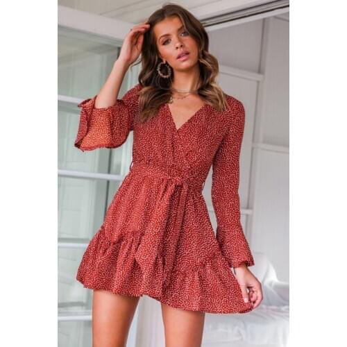 Women Boho Beach Flower Sundress Long Sleeve V Neck Ruffle Floral Mini Dress Elegant Laides Dresses Party Club Classic vestidos