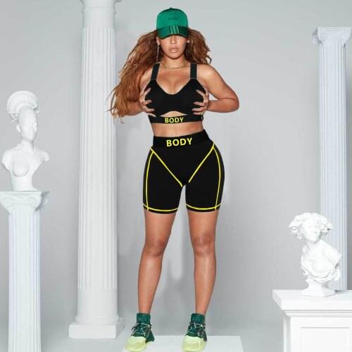 Women Summer Body Letter Print Short Tracksuit Women Sexy Cut Out Tank Crop Top + Biker Shorts Slim