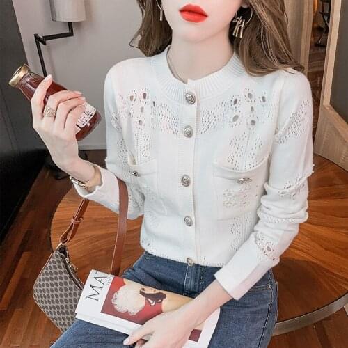 Knitted Cardigan Sweater Women Sexy Hollow Out Button Up Long Sleeve High Street Black White 2021 Autumn New Fashion Top Outwear