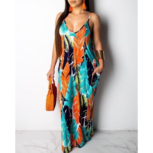 2021 Leaf Print Pocket Design Sling Maxi Dress Vacation Summer Wear Women Casual Sleeveless Spaghetti Strap Long Dress V-Neck