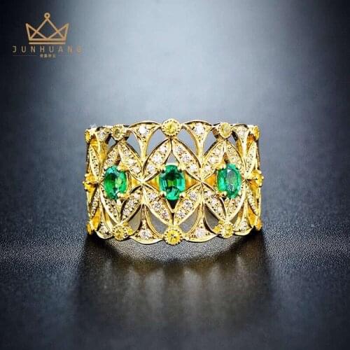 Natural green emerald gem Ring S925 Silver Natural Gemstone Ring Fashion crown wide Row geometry Women girl wedding gift Jewelry