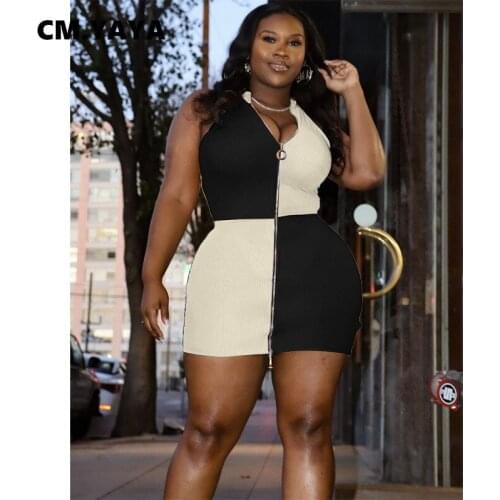 CM.YAYA Women Plus Size Dress Patchwork Zipper Sleeveless Sheath Elastic Bodycon Mini Dresses Sexy Fashion Outfit Summer 2021
