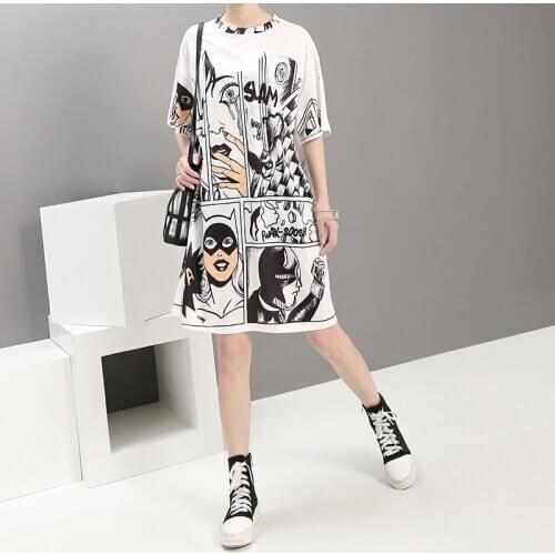 2020Korean Style Summer Women White Casual Beach Dress Plus Size Cartoon Print Lady Cute Midi Loose Short Dress Robe Femme Z2404