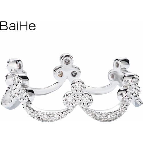 BAIHE Solid 14K White Gold 0.1ct H/SI Natural Diamond Wedding Women Trendy Fine Jewelry unique gift Beautiful crown diamond Ring