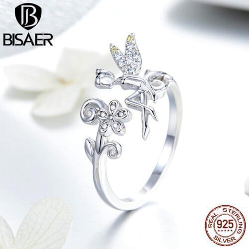 BISAER Real 925 Sterling Silver Flower Elf Princess Rings Clear CZ Luxury Elegant Wedding Engagement Silver Jewelry EFR025