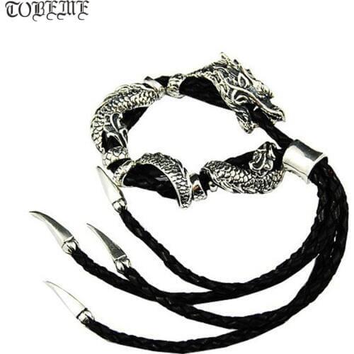 Handmade Thailand 925 Siilver Dragon Bracelet Real Leather Bracelet Vintage Sterling Silver Man Bracelet