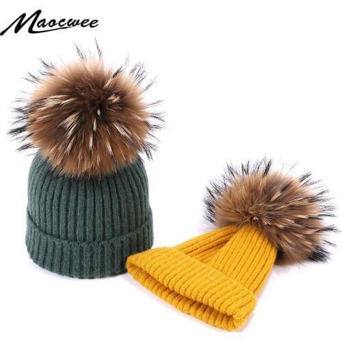 Children Winter Real Fur Pompon Beanie Hat Wool Warm Cotton Hat Outdoor Solid Color Cap Knitted Skullies Beanies For Girls Boys
