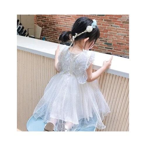 Children Gauze Pompous Girl Dress With Wings Sleeveless Princess Summer Mini Ball Gown Dresses Vestidos