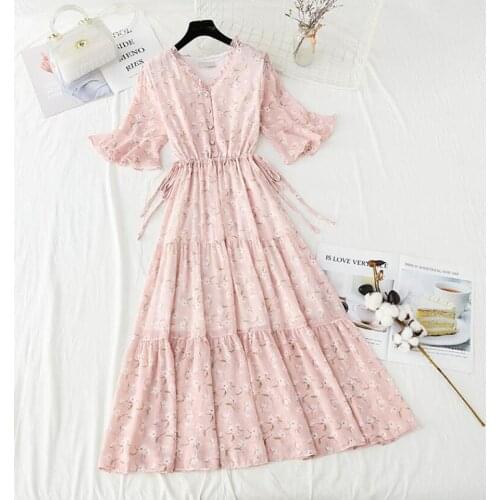 Elegant V-neck Women Chiffon Dress Sweet Flare Sleeve Floral Print Midi Dress 2021 Summer Drawstring Slim Waist Party Vestidos