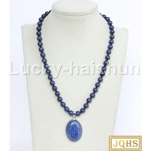 JQHS natural 18" 8mm round lapis lazuli beads pendant Strand Beaded Strand knotted necklace 18KGP clasp j11740