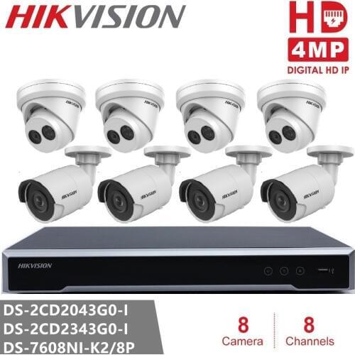 Hikvision CCTV System NVR DS-7608NI-K2/8P 8POE + 4pcs DS-2CD2343G0-I & 4pcs DS-2CD2043G0-I 4MP IP Surveillance Camera H265 P2P