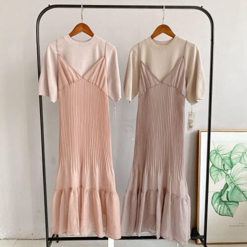 Kuzuwata 2021 Autumn New Fashion Women Robe Japanese Sweet Tulle Sling Folds Vestidos Short Sleeve Knitted Two Piece Dress Set