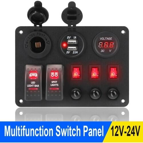 LEEPEE Dual USB Ports 2+3 Gang Rocker Switch Panel Car Marine RV Circuit LED Breaker Digital Voltmeter With Overload Protector