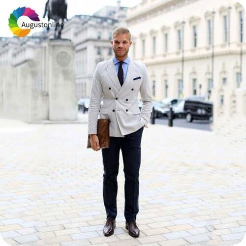 Summer Ivory Linen Mens Suits with Pants Double Breasted Mens Classic Business Suits Peaked Lapel Slim Fit Ternos Costume Homme