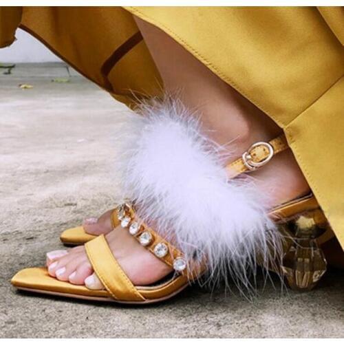 Summer Women White Bird Fur Party Sandals Rhinestone Rivets Studs Satin Straps Fashion Crystal Ball Combined Strange High Heels
