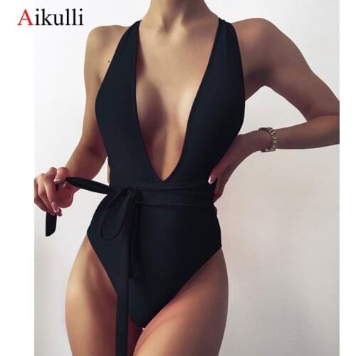 Solid One Piece Swimsuits Women Sexy Deep V-Neck Cross Bandage Swimwear 2021 Summer Backless Monokini Bathing Suit New Beachwear