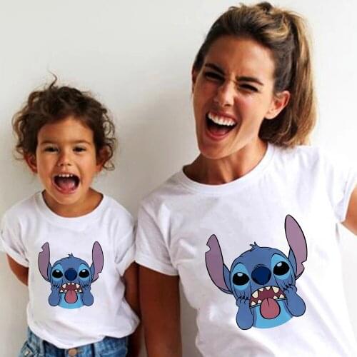 Couples Matching Clothing Set Cartoon Lilo & Stitch Print White Twin Sister Brother Tee Shirt Cute Boy Girl Tshirt Kids Top