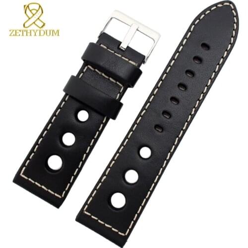 Genuine leather Watchband 20 22 24mm mens bracelet thick leather watch strap Round hole stitched wristwatches belt Pin buckle