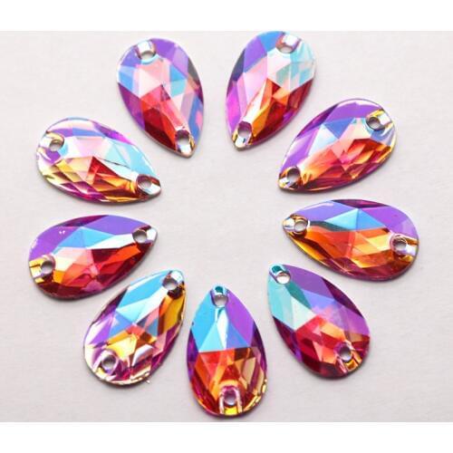 100pcs 10.5*18mm purple AB Silver Base FlatBack Rhinestone Sew On Stone Droplet Resin Sewing On Rhinestone For Jewelry Strass