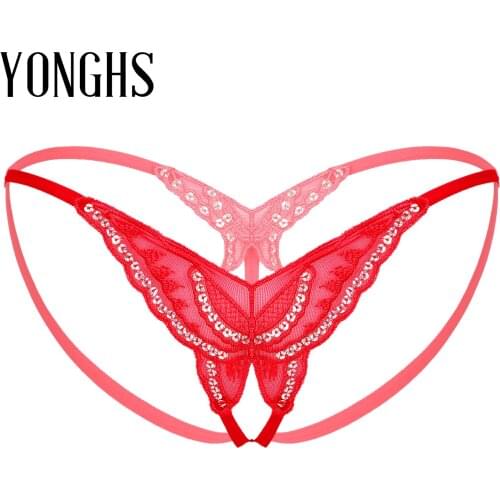 Womens Lingerie Sequined Lace Butterfly Erotic Underwear Open Butt Thongs Panties Low Waist T-back Crotchless G-string Briefs