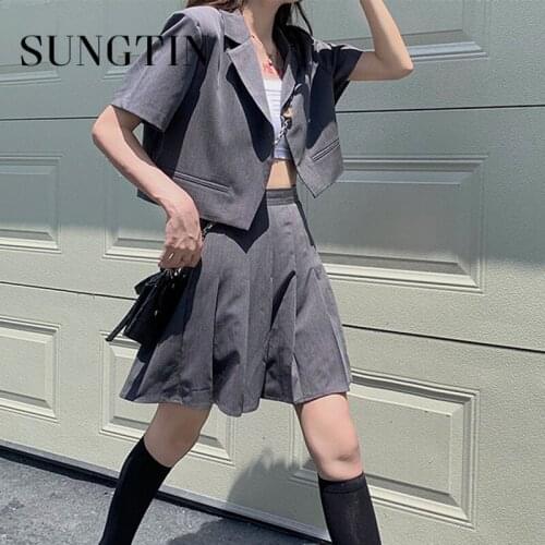 Sungtin Fashion Office Lady 2 Piece Suit Blazer Set Short Sleeve Blazer Pleated Skirt High Quality Women Blazer and Skirt Set