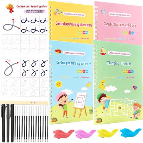 2021 Montessori 4 Books + Pen Reusable 3D Magic Exercise Book Magic Writing Children 0-10 Reusable English Numbers Letters Toys